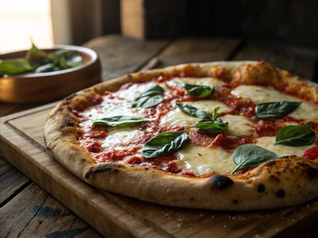 Classic Margherita Pizza On A Rustic Table