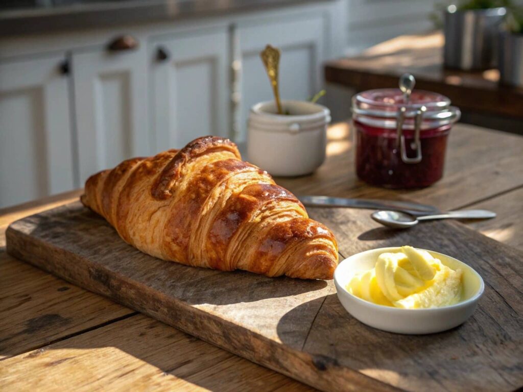 A golden, flaky croissant on a wooden cutting board with butter and jam.