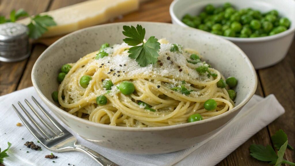 A delicious bowl of pasta and peas garnished with Parmesan.