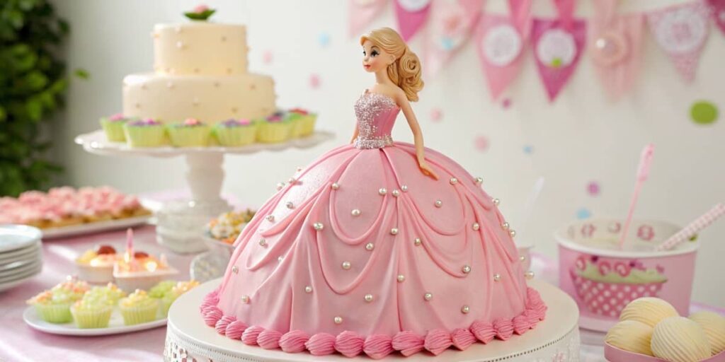 A stunning Barbie cake with a pink fondant gown and intricate decorations.