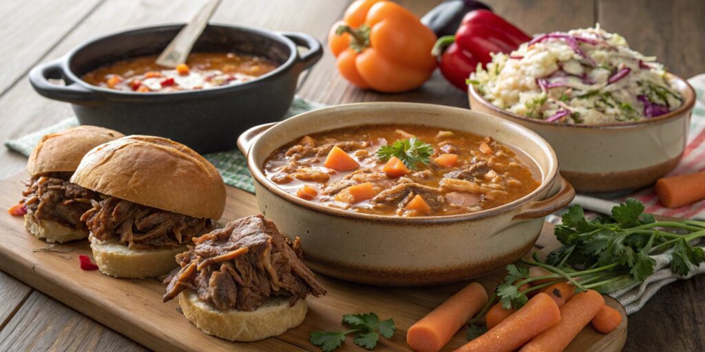 Easy crockpot meals with hearty soups, stews, and main dishes on a rustic table