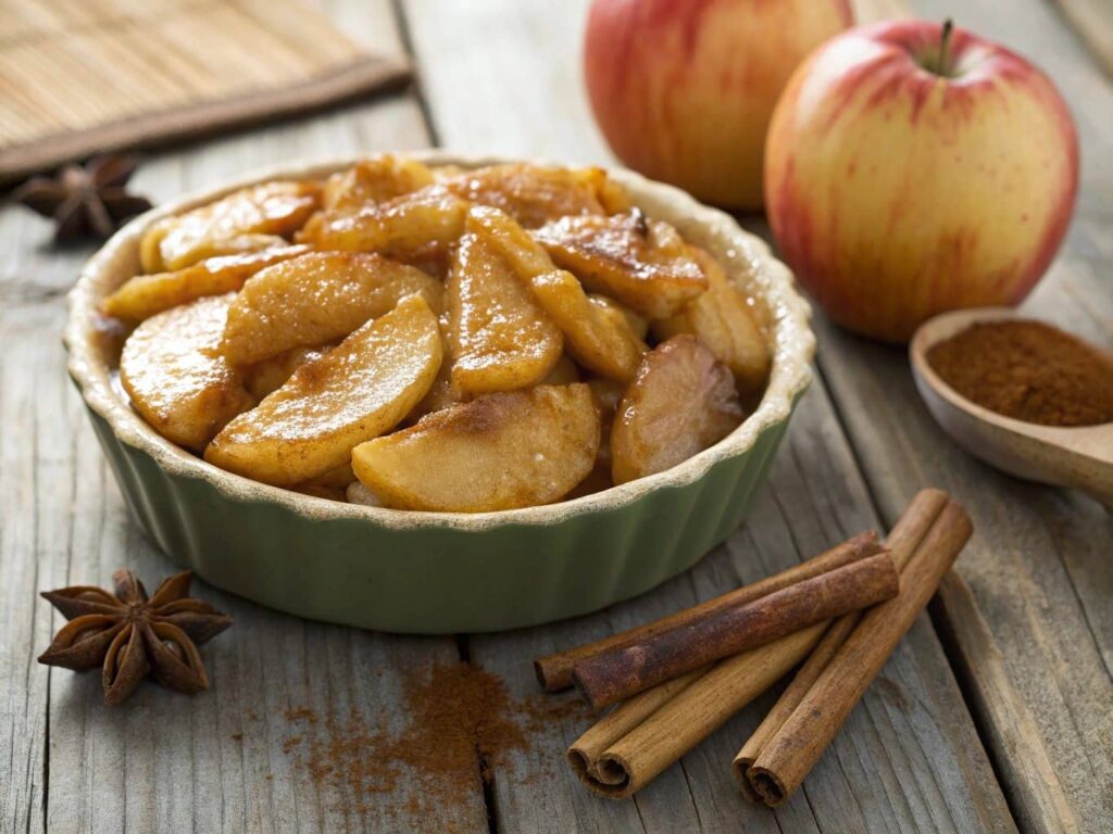 apple pie filling in a bowl with cinnamon sticks