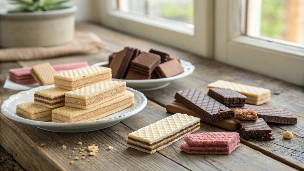 Assorted wafer cookies in different flavors on a wooden table