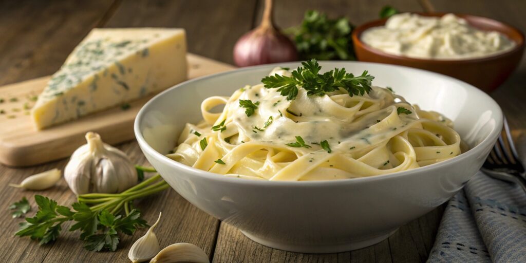 A creamy Boursin pasta dish served in a white bowl, garnished with fresh parsley.