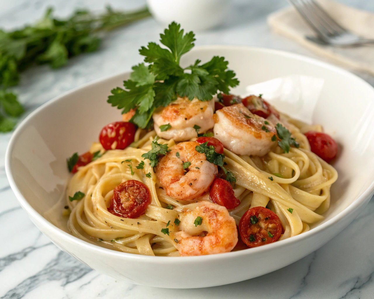 A creamy Boursin pasta recipe topped with sautéed shrimp and cherry tomatoes