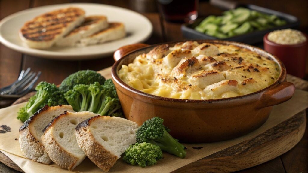 A bowl of creamy mac and cheese served with roasted vegetables and grilled chicken.