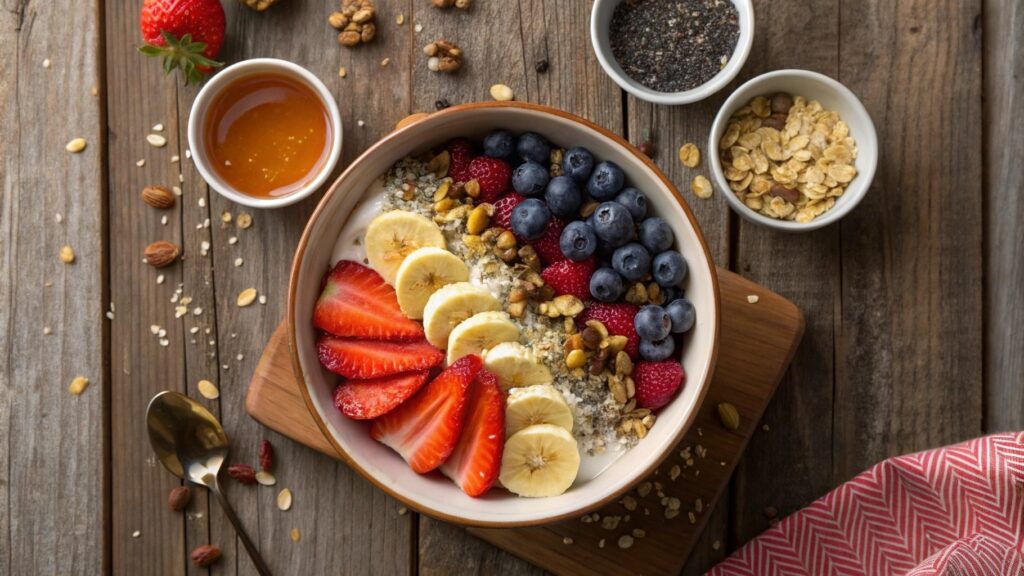 A colorful breakfast bowl with fresh fruits, nuts, and seeds on a rustic wooden table.