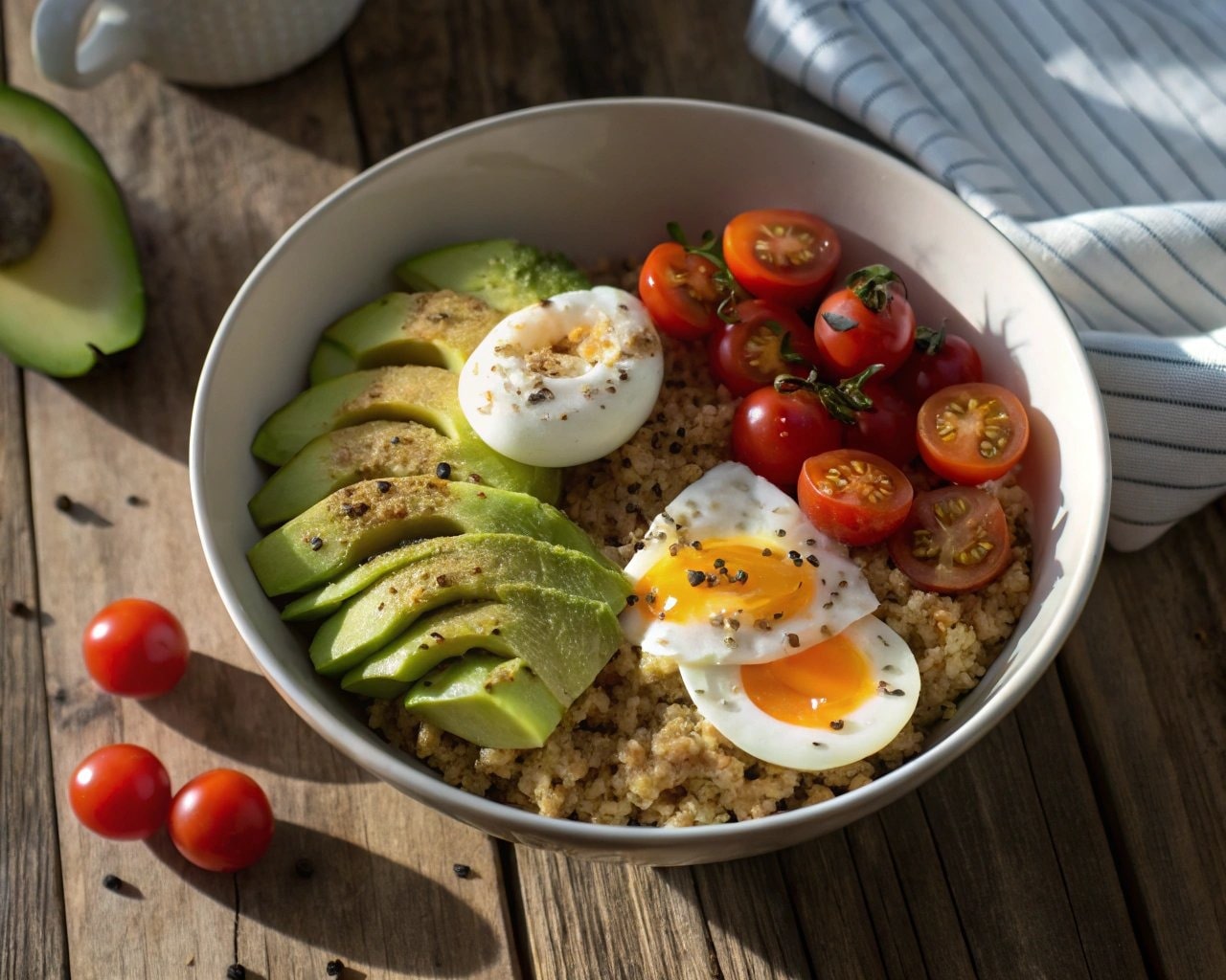 A perfectly styled breakfast bowl with toppings like avocado, eggs, and cherry tomatoes.