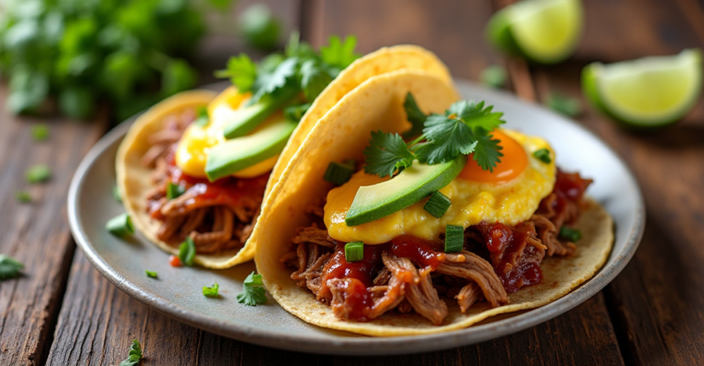 Carnitas breakfast tacos with eggs, salsa, and avocado on a plate.