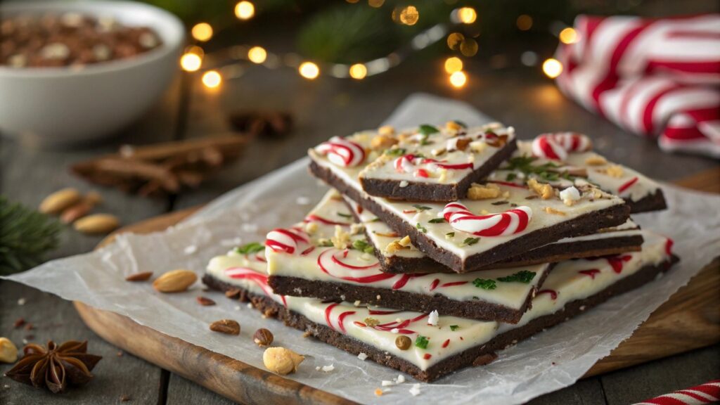 Festive Christmas bark with chocolate, candy canes, and nuts displayed on a rustic wooden table.