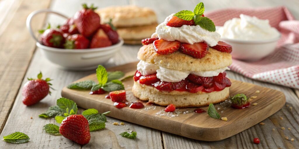 Freshly made Bisquick strawberry shortcake with whipped cream and strawberries on a rustic plate