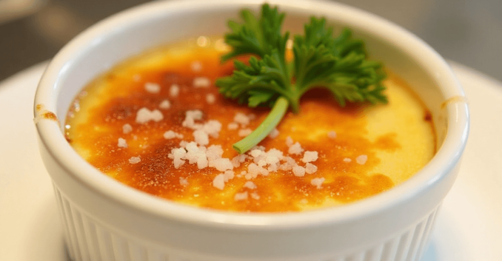 A ramekin of crab brulee with a caramelized top, garnished with parsley.