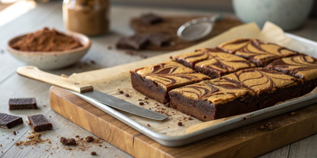 Peanut butter brownies with a swirl design on a wooden board.