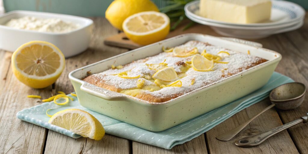 Freshly baked lemon cream cheese dump cake with golden crust and lemon slices.