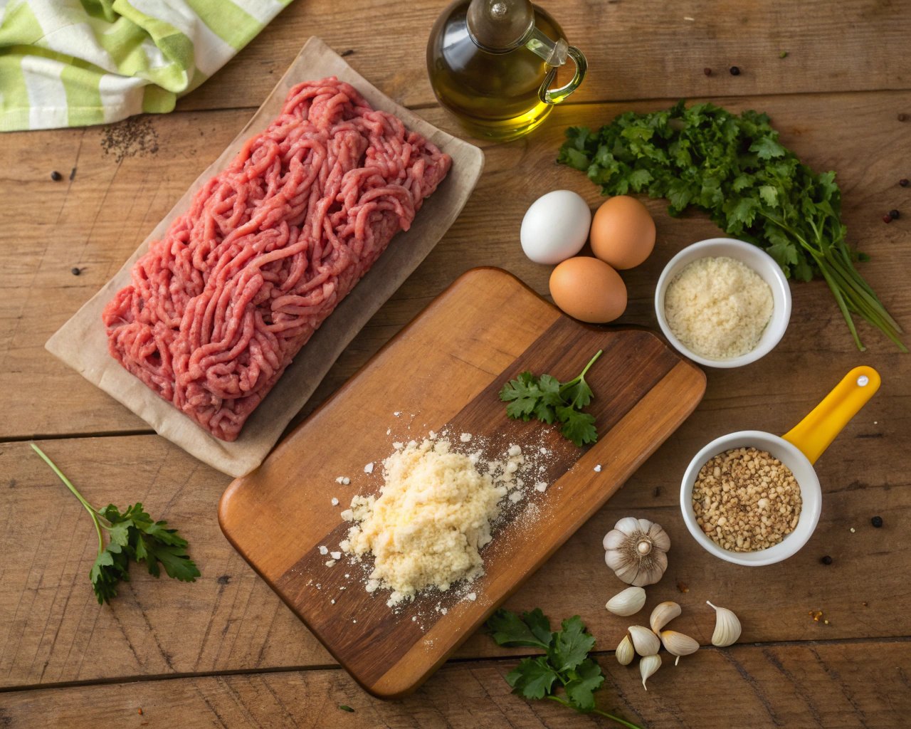 Key ingredients for Italian meatloaf recipe, including ground meats, cheese, and fresh herbs.
