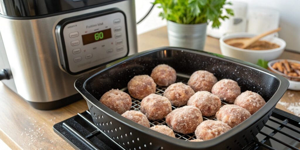 Frozen meatballs cooking in an air fryer basket.