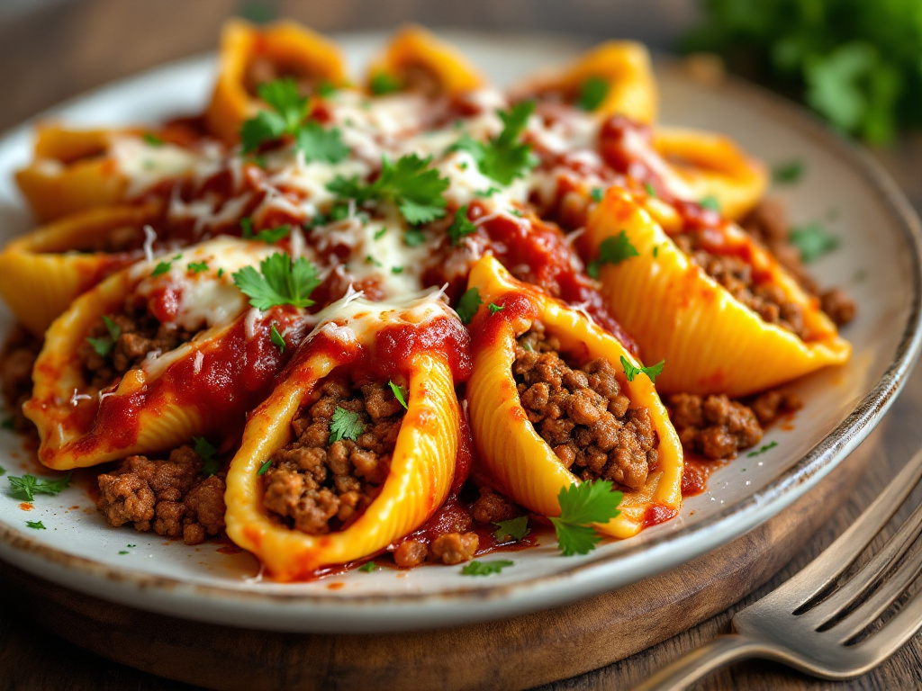 A plate of freshly baked beef stuffed shells with melted cheese and marinara sauce