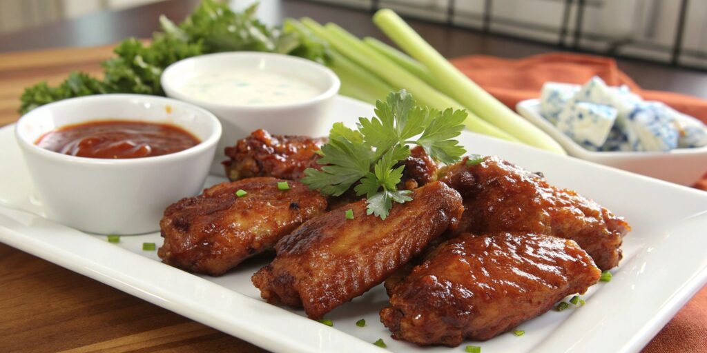 A plate of honey BBQ wings garnished with parsley and served with dipping sauces