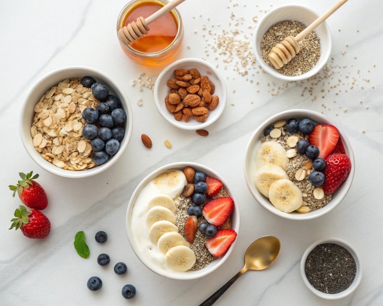 Ingredients for a breakfast bowl displayed in small bowls.