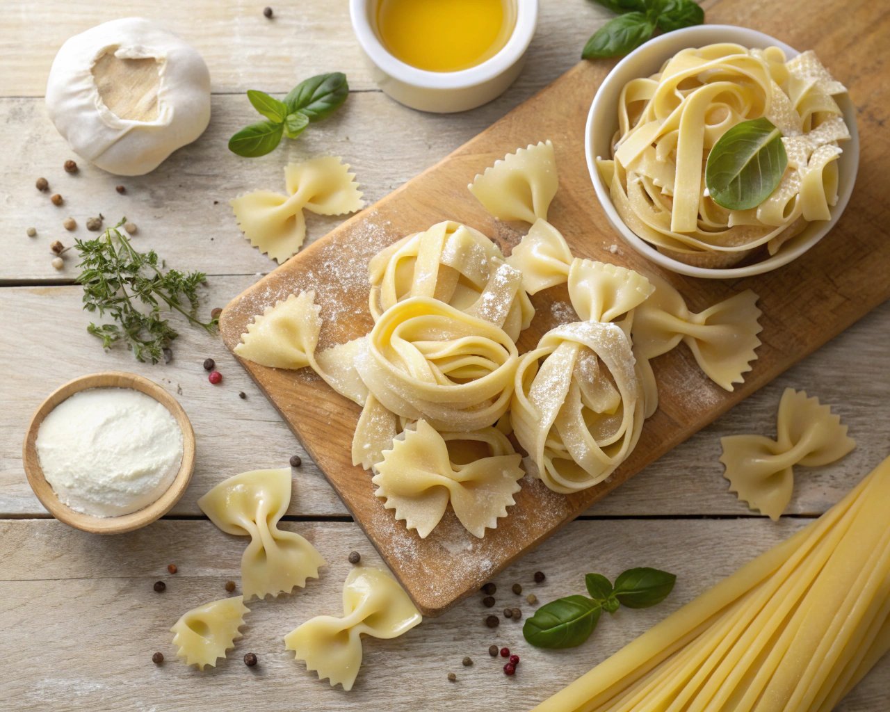Ingredients for Boursin pasta, including pasta, Boursin cheese, cream, and herbs.