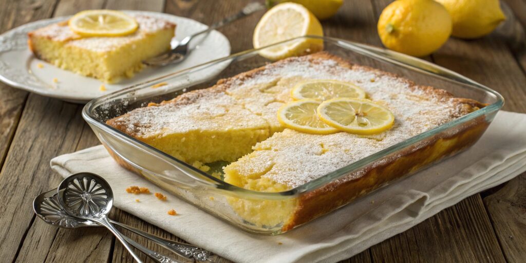 Lemon dump cake served in a baking dish with a golden crust.