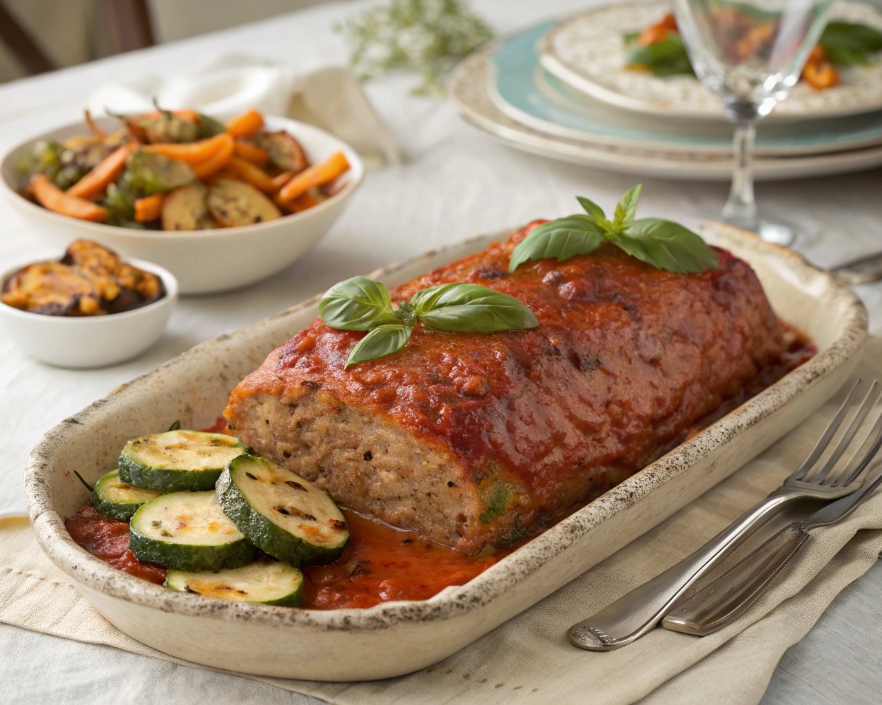Italian meatloaf served on a platter garnished with fresh basil.