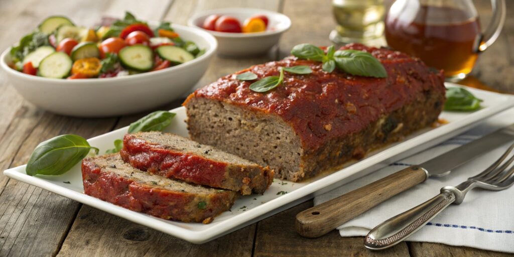 Italian meatloaf recipe served on a plate with tomato sauce and basil garnish.