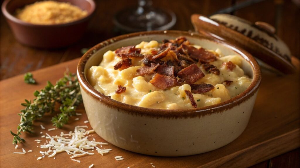 Delicious mac and cheese paired with crispy bacon in a rustic bowl.