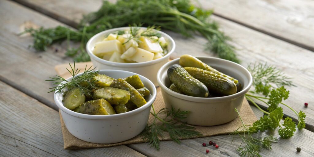 Three bowls of pickles: dill, sweet, and bread and butter.