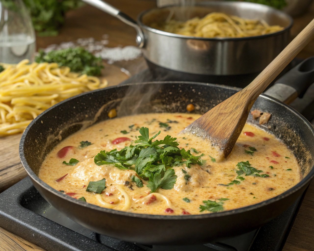 A skillet with melting Boursin cheese and cream being stirred to make pasta sauce.