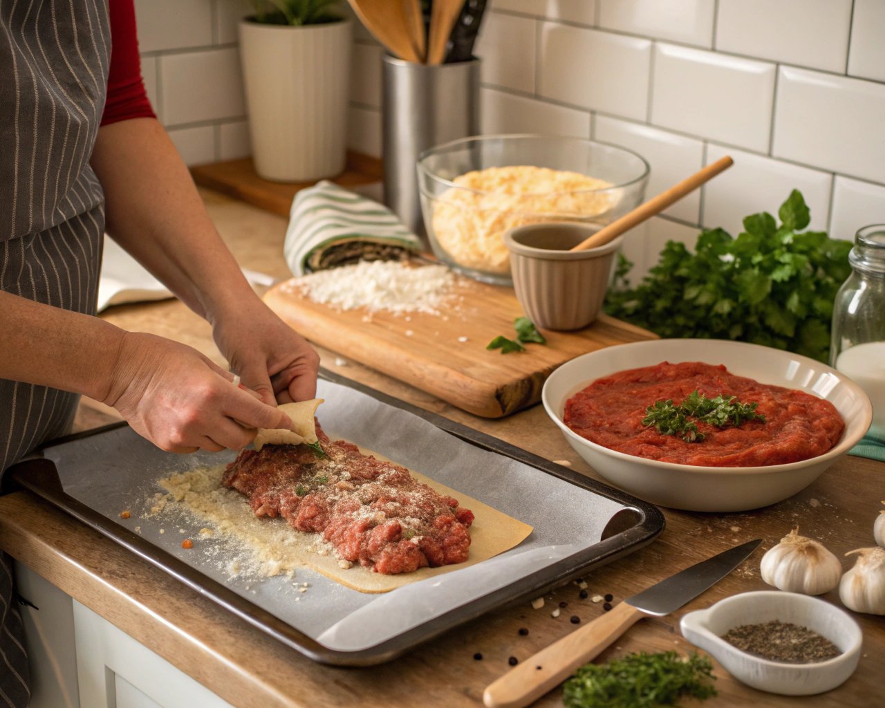 Shaping an Italian meatloaf on a baking tray before placing it in the oven.