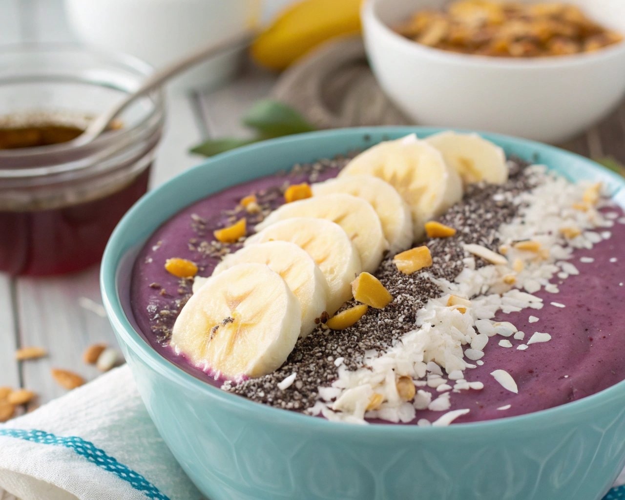 Breakfast Bowl Recipe: A smoothie breakfast bowl with banana slices, coconut flakes, and chia seeds.