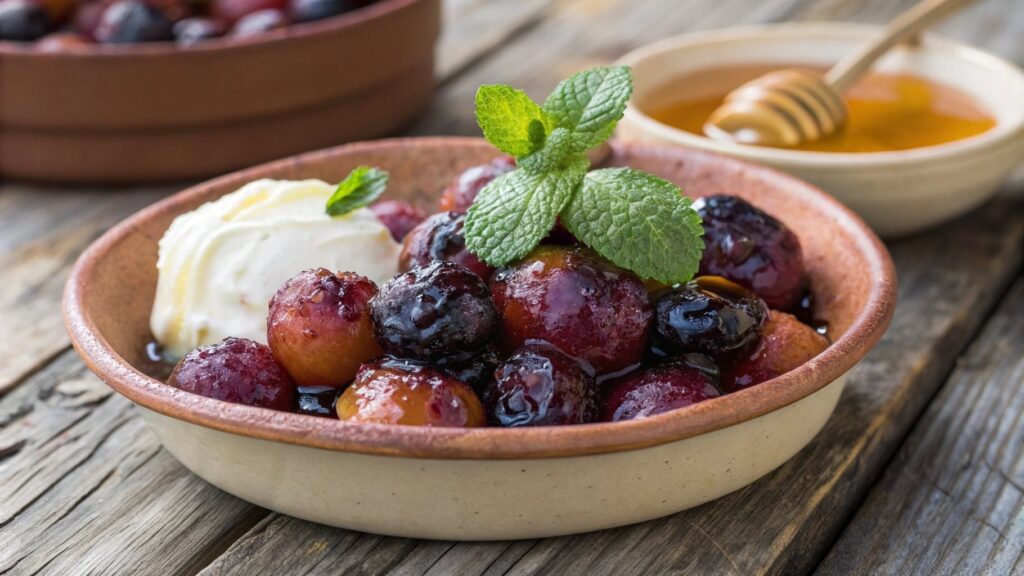 Sour cream burnt grapes served in a rustic dish