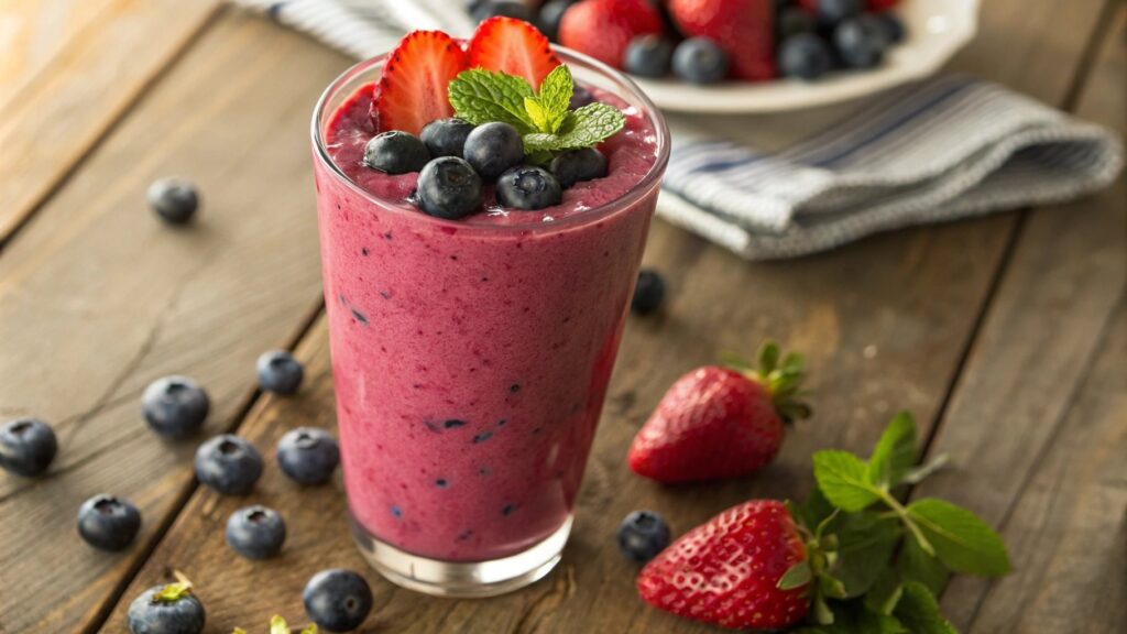 Glass of strawberry blueberry smoothie garnished with fresh berries and mint leaves.