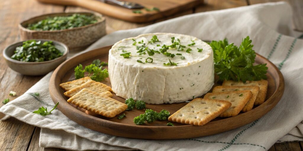 Boursin cheese with herbs and crackers on a wooden platter.