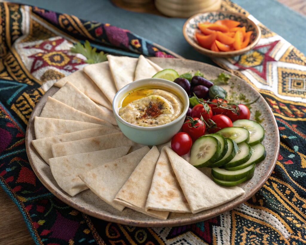 Thin, soft lavash bread displayed with dips and vegetables.