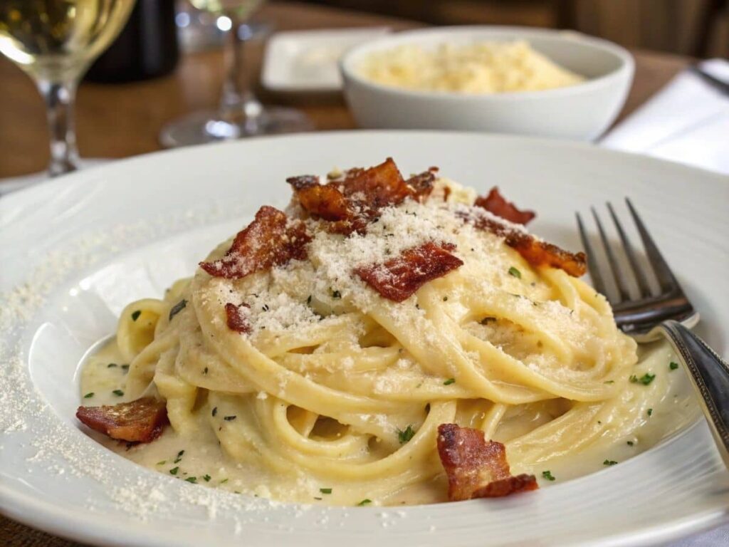 serving fettuccine Carbonara With Guanciale